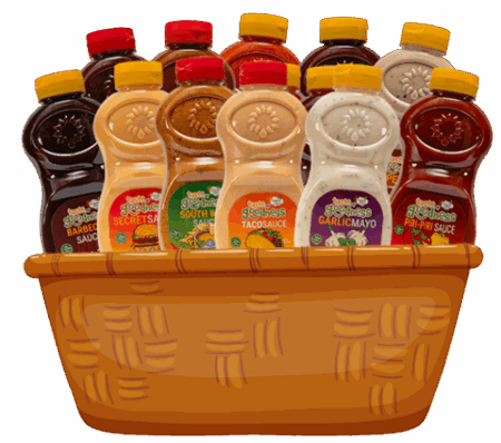 Basket of assorted Goodness sauces including barbecue sauce, secret sauce, taco sauce, garlic mayo, piri-piri sauce, and more condiments in plastic bottles with yellow caps.