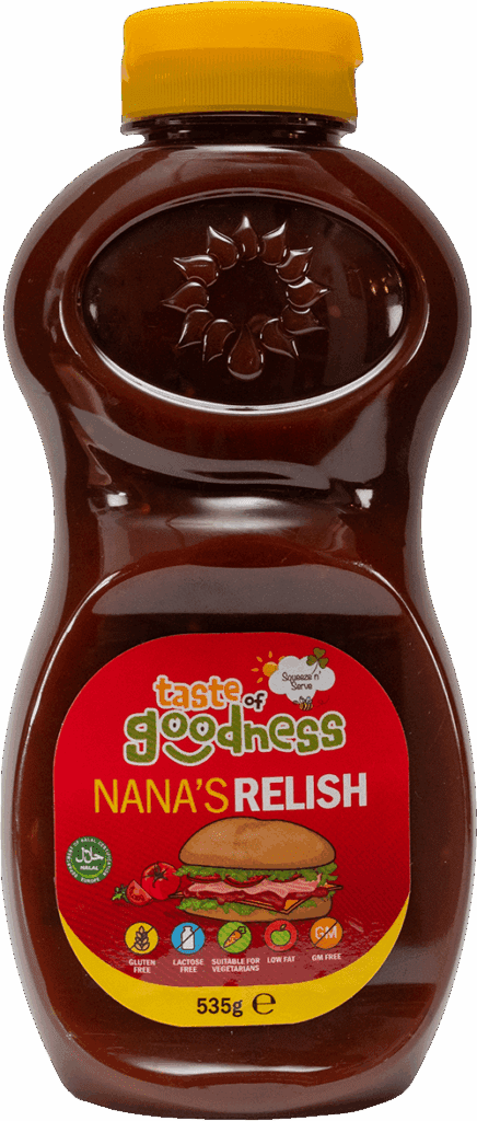 Bottle of taste of goodness Nana's Relish sauce