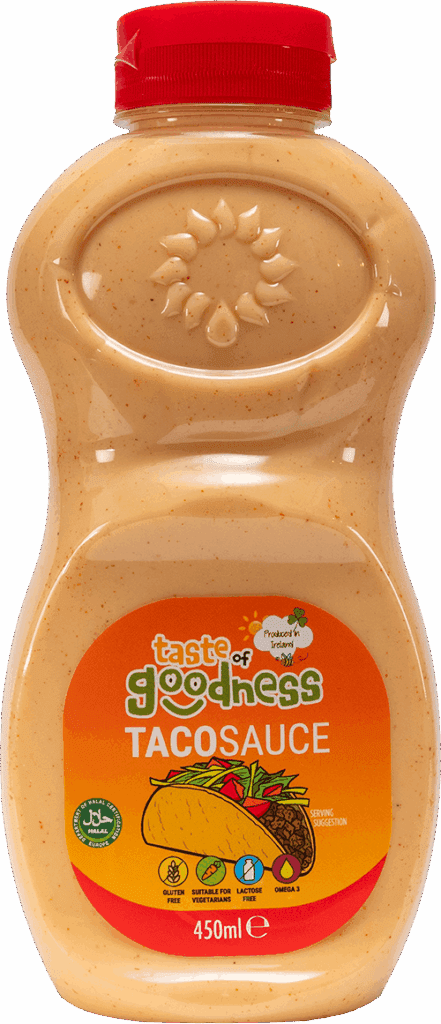 Bottle of taste of goodness taco sauce